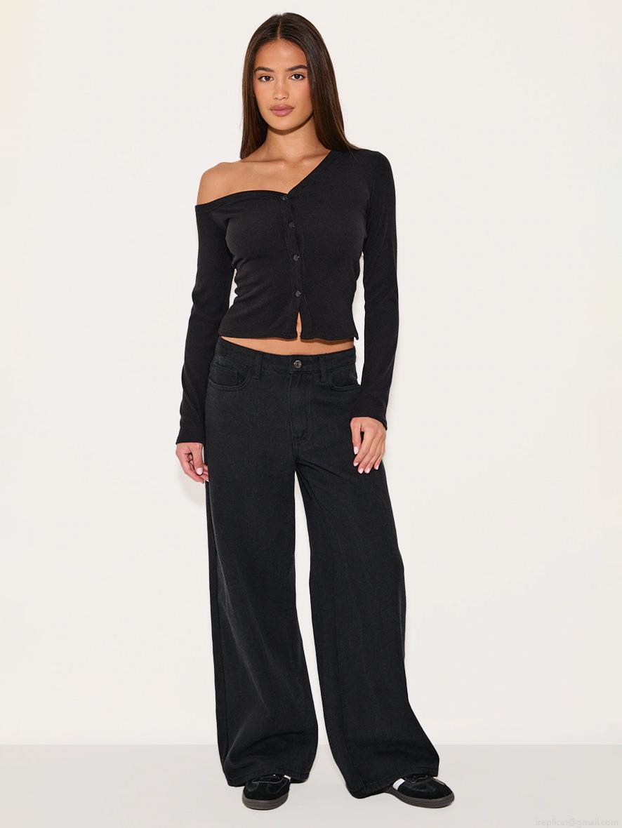 Women One Shoulder Long Sleeve Button Ribbed Knit T-Shirt Slim Fit Asymmetric Neck Pullover Top Y2K Sexy Style Solid Color Viscose Blouse For Casual Dating Autumn