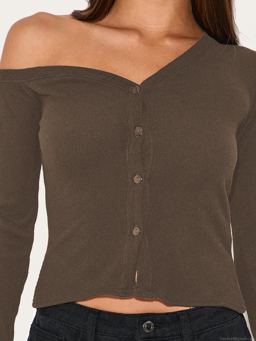 Women One Shoulder Long Sleeve Button Ribbed Knit T-Shirt Slim Fit Asymmetric Neck Pullover Top Y2K Sexy Style Solid Color Viscose Blouse For Casual Dating Autumn