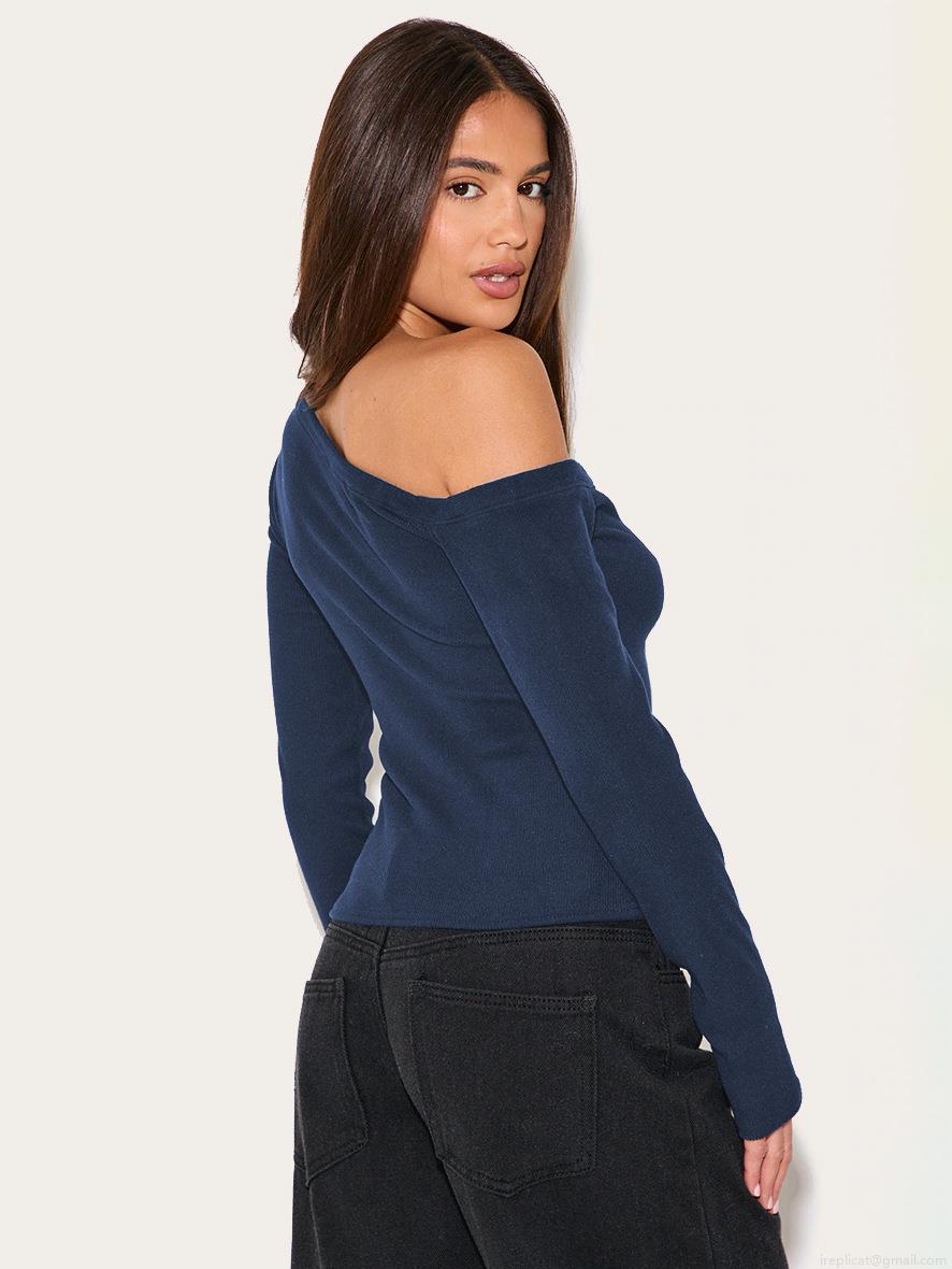 Women One Shoulder Long Sleeve Button Ribbed Knit T-Shirt Slim Fit Asymmetric Neck Pullover Top Y2K Sexy Style Solid Color Viscose Blouse For Casual Dating Autumn