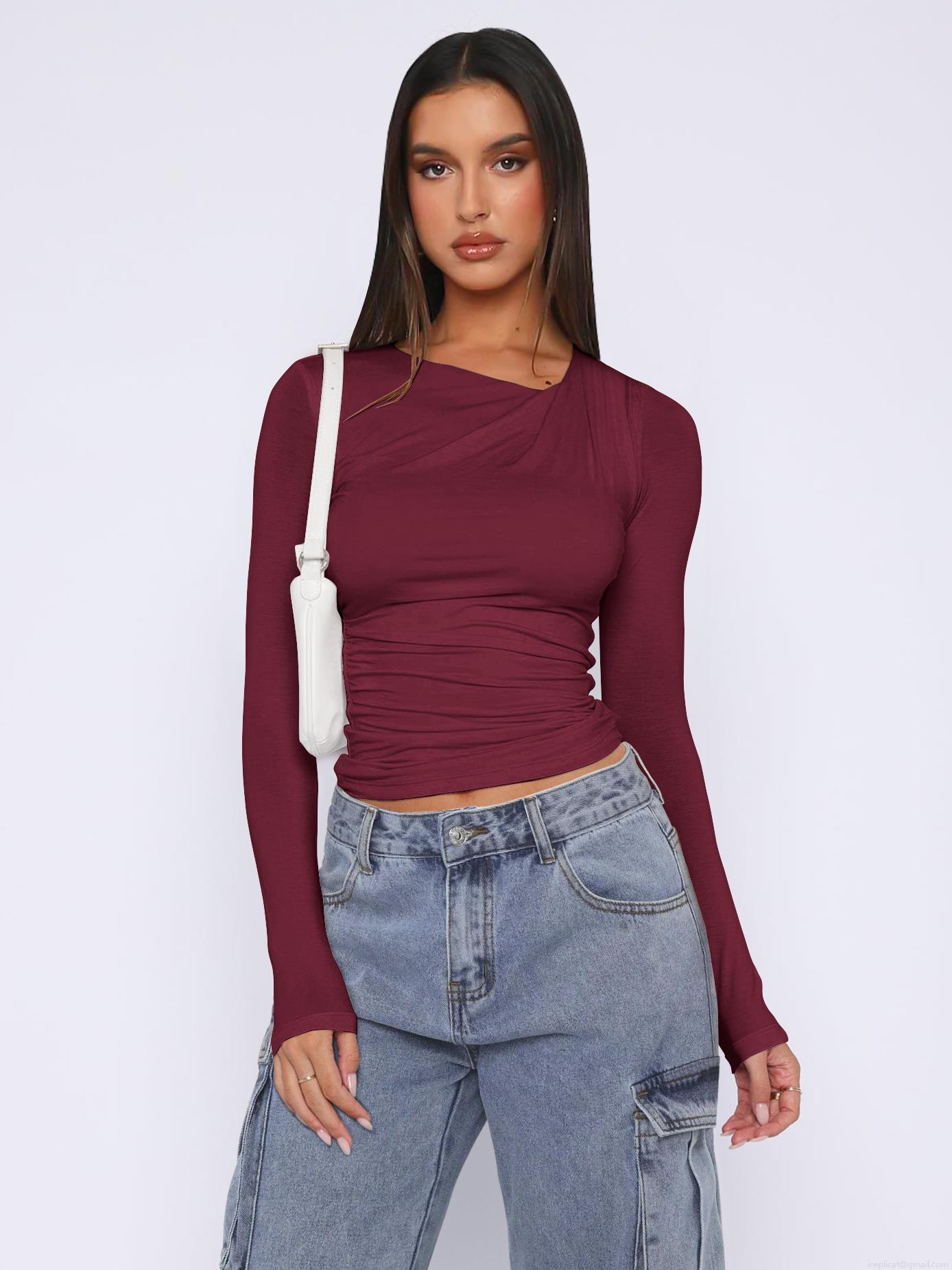 Women Y2K Sexy Slim Fit Crop Top Long Sleeve Viscose Ruched T-Shirt With Irregular Neck Solid Color Casual Top For Lady Party Date Outwear