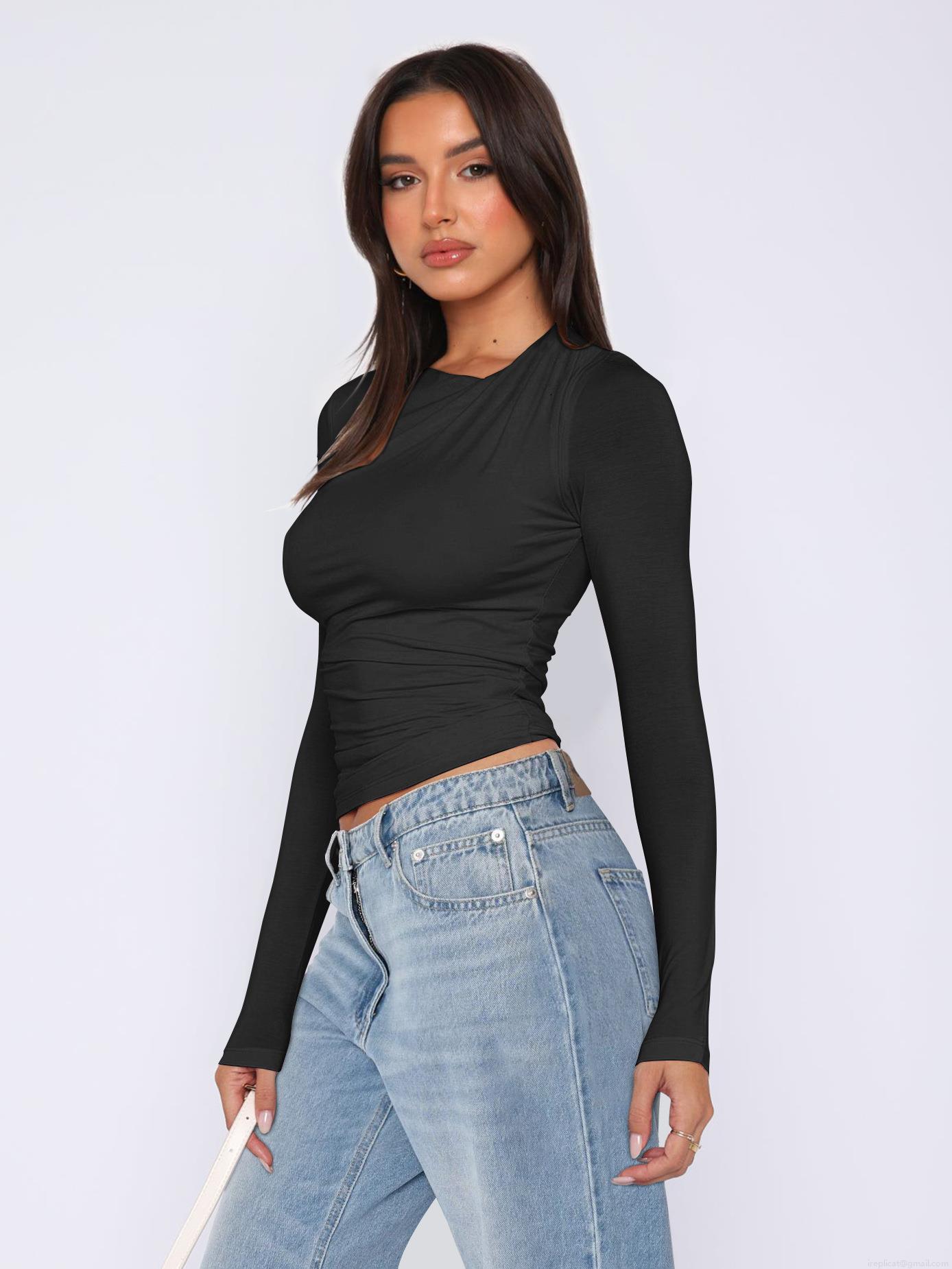 Women Y2K Sexy Slim Fit Crop Top Long Sleeve Viscose Ruched T-Shirt With Irregular Neck Solid Color Casual Top For Lady Party Date Outwear