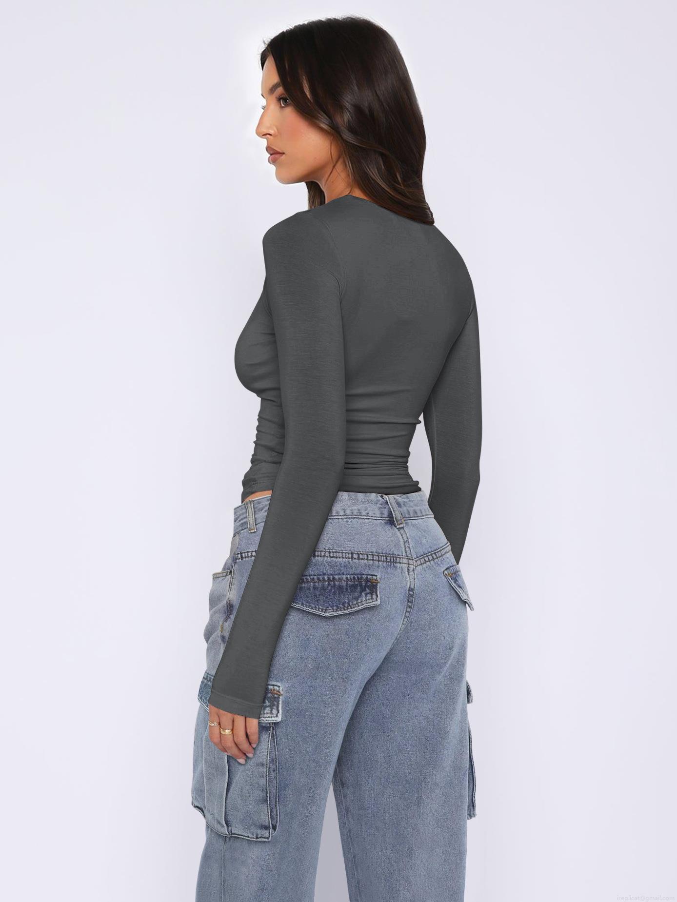 Women Y2K Sexy Slim Fit Crop Top Long Sleeve Viscose Ruched T-Shirt With Irregular Neck Solid Color Casual Top For Lady Party Date Outwear