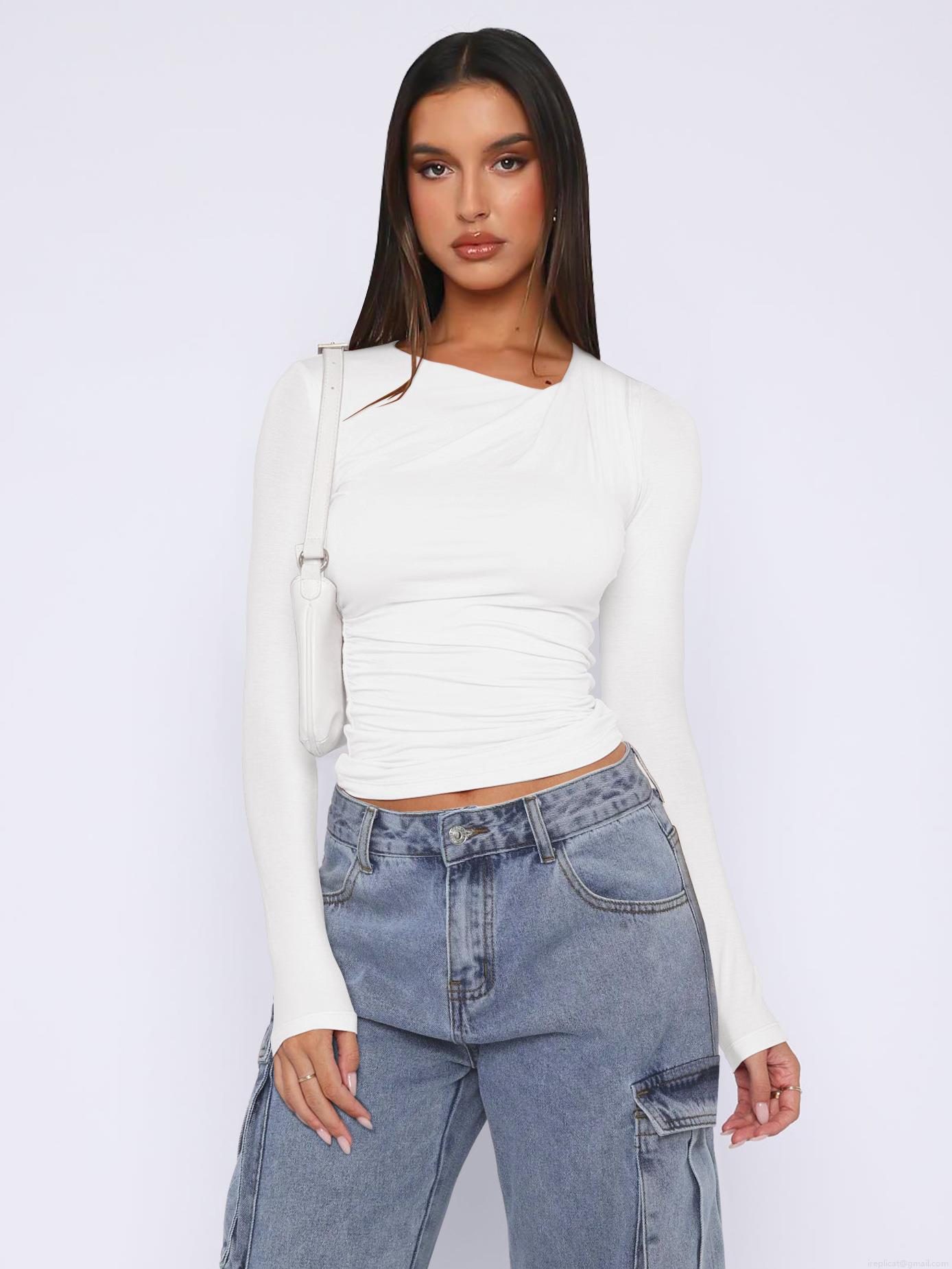 Women Y2K Sexy Slim Fit Crop Top Long Sleeve Viscose Ruched T-Shirt With Irregular Neck Solid Color Casual Top For Lady Party Date Outwear