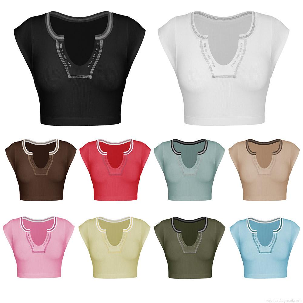Women Y2K Sexy Ribbed Knit Short Sleeve Crop Top V-Neck Contrast Trim Slim Fit Viscose Spandex T-Shirt Streetwear Summer Tee