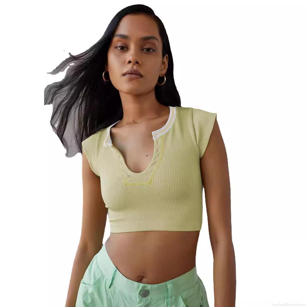Women Y2K Sexy Ribbed Knit Short Sleeve Crop Top V-Neck Contrast Trim Slim Fit Viscose Spandex T-Shirt Streetwear Summer Tee