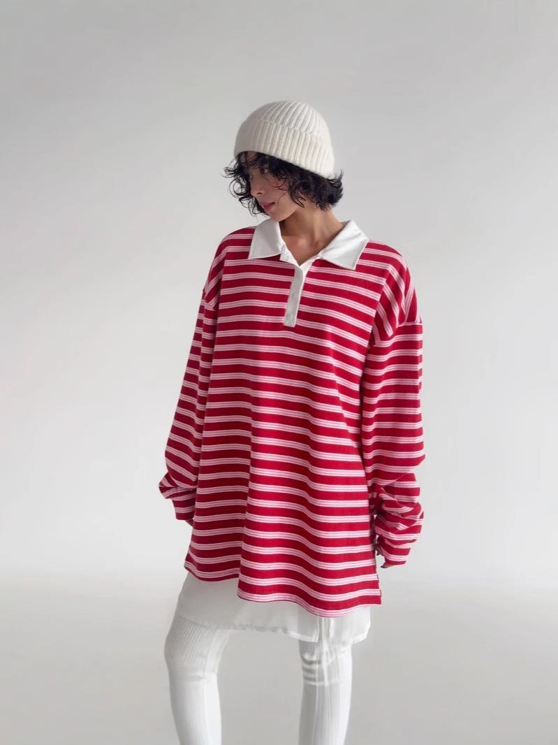 Women's American Retro Striped Long Sleeve Polo Shirt Fleece Lined Oversized Cotton Blend T-Shirt Casual Streetwear Pullover Top