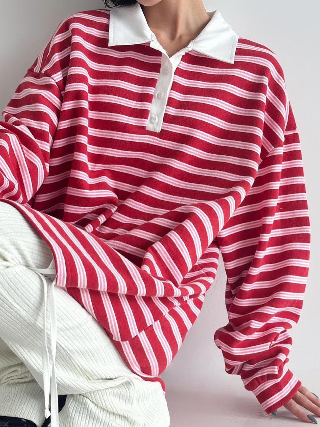 Women's American Retro Striped Long Sleeve Polo Shirt Fleece Lined Oversized Cotton Blend T-Shirt Casual Streetwear Pullover Top