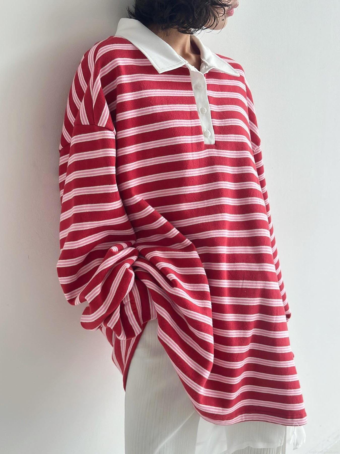 Women's American Retro Striped Long Sleeve Polo Shirt Fleece Lined Oversized Cotton Blend T-Shirt Casual Streetwear Pullover Top