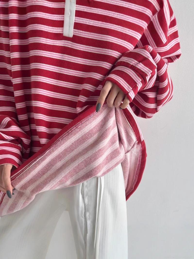 Women's American Retro Striped Long Sleeve Polo Shirt Fleece Lined Oversized Cotton Blend T-Shirt Casual Streetwear Pullover Top