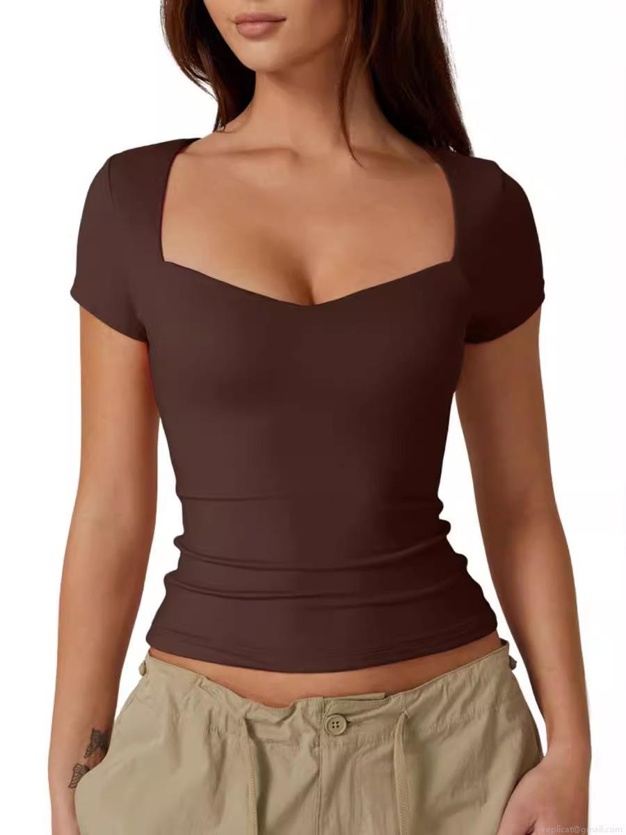 Women's Sweetheart Neck Short Sleeve T-Shirt Slim Fit Solid Color Basic Cropped Tee Bodycon Stretch Polyester Milk Silk Casual Top for Summer Daily Wear