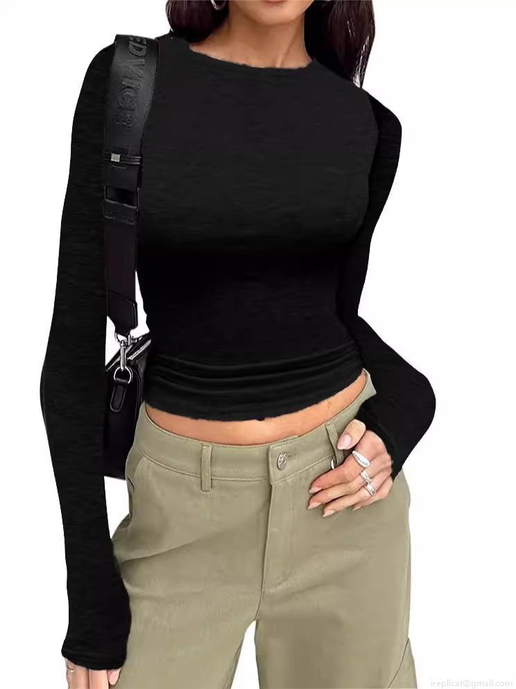 Women's Slim Fit Long Sleeve T-Shirt Cotton Blend Solid Color Round Neck Cropped Base Layer Top Casual Commuter Pullover Ribbed Knit Tee For Women Spring Autumn