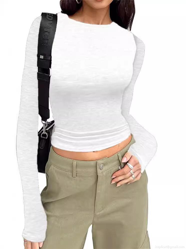 Women's Slim Fit Long Sleeve T-Shirt Cotton Blend Solid Color Round Neck Cropped Base Layer Top Casual Commuter Pullover Ribbed Knit Tee For Women Spring Autumn