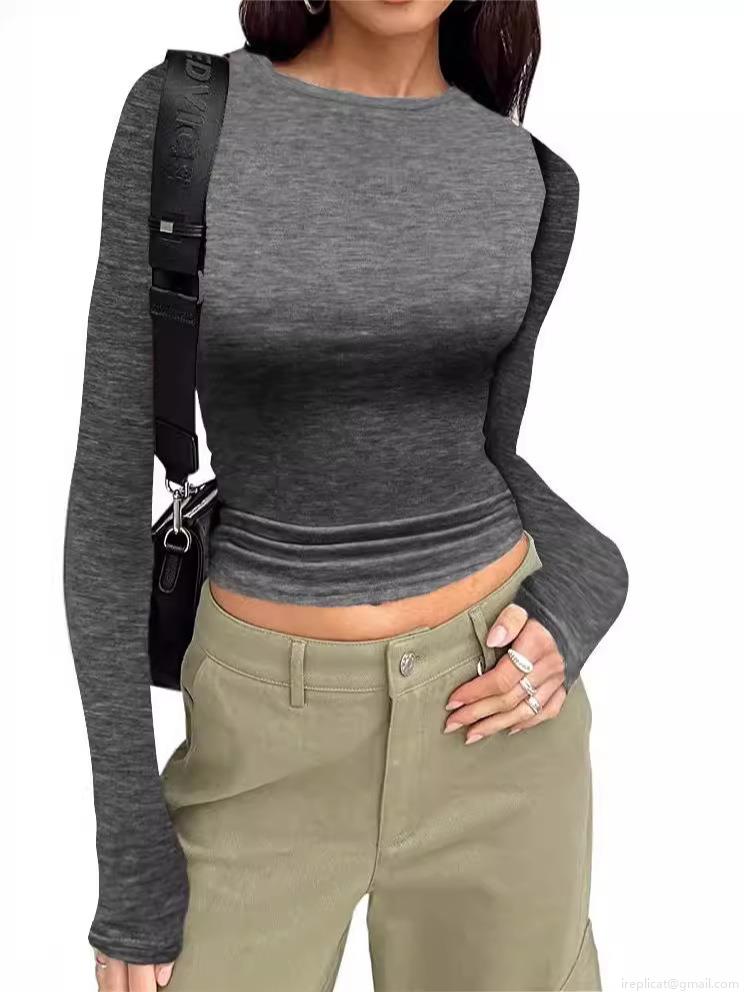 Women's Slim Fit Long Sleeve T-Shirt Cotton Blend Solid Color Round Neck Cropped Base Layer Top Casual Commuter Pullover Ribbed Knit Tee For Women Spring Autumn