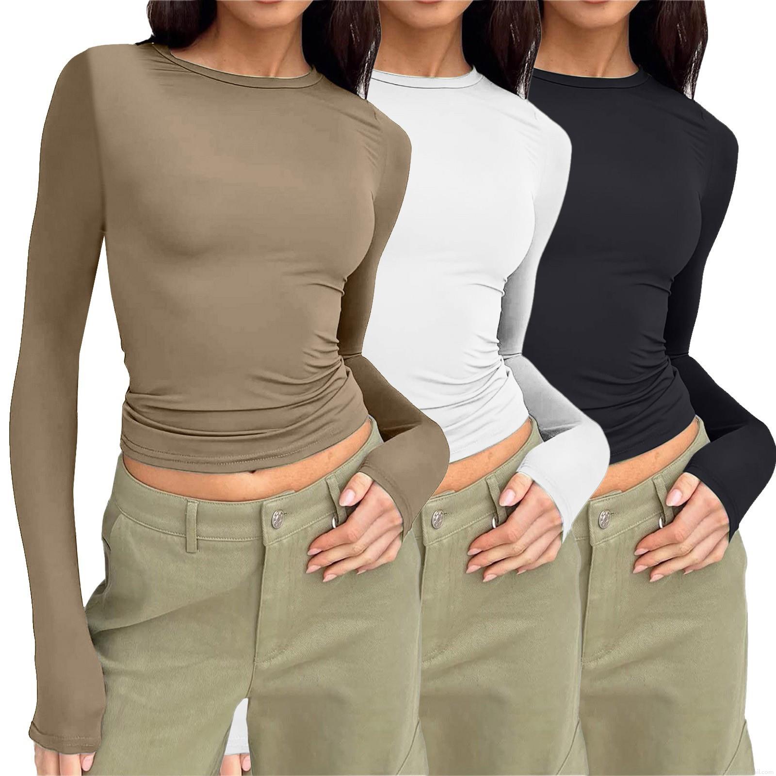 Women's Slim Fit Milk Silk T-Shirt Solid Color Round Neck Long Sleeve Casual Basic Tee Streetwear Pullover Tops for Women