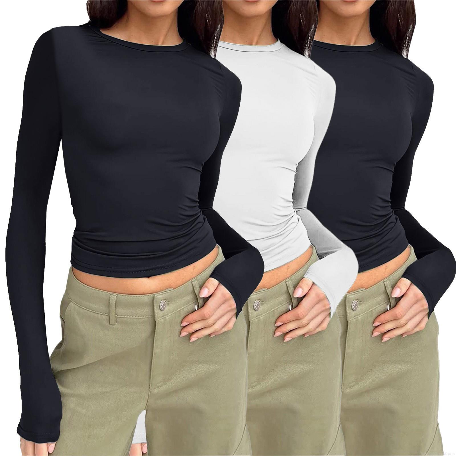 Women's Slim Fit Milk Silk T-Shirt Solid Color Round Neck Long Sleeve Casual Basic Tee Streetwear Pullover Tops for Women