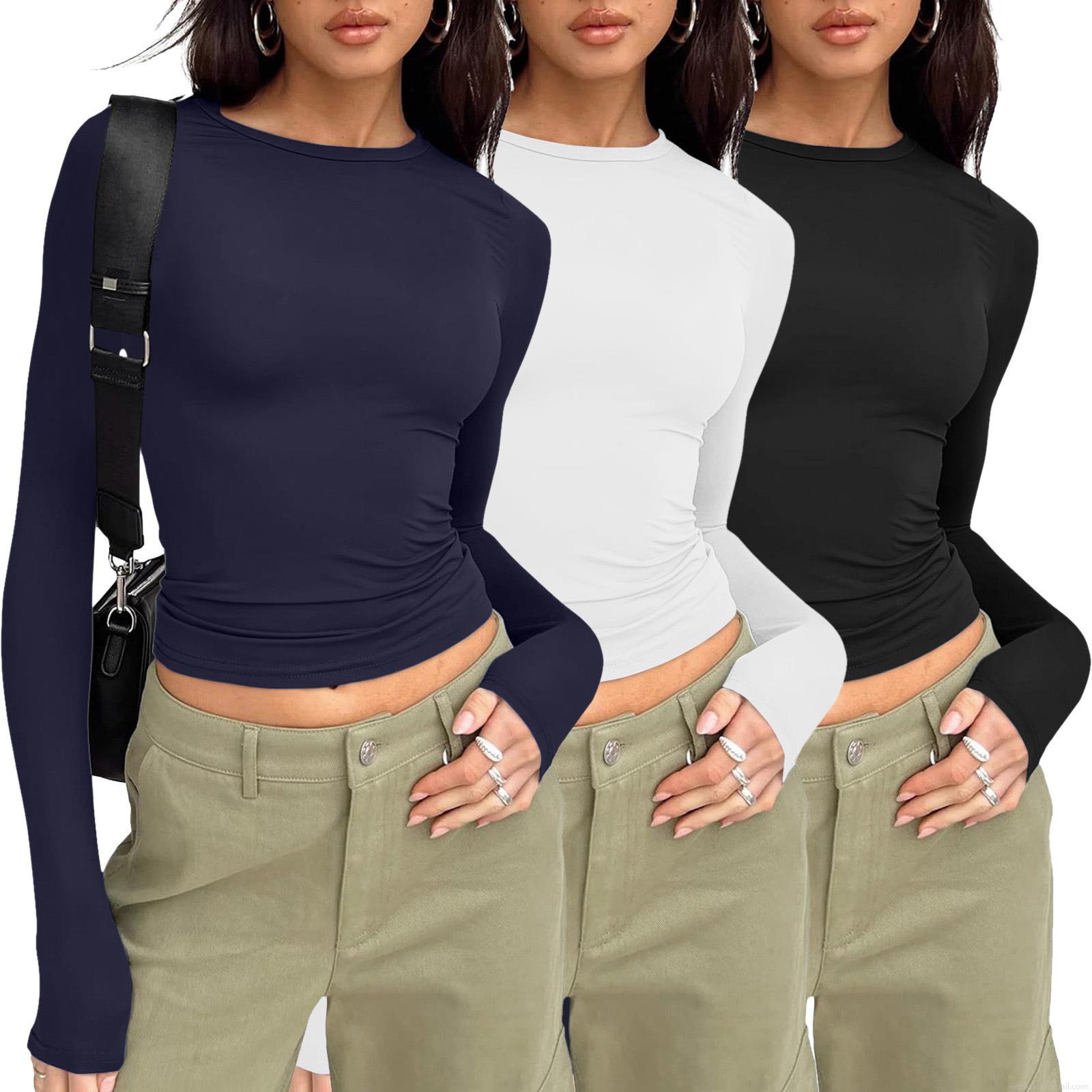 Women's Slim Fit Milk Silk T-Shirt Solid Color Round Neck Long Sleeve Casual Basic Tee Streetwear Pullover Tops for Women