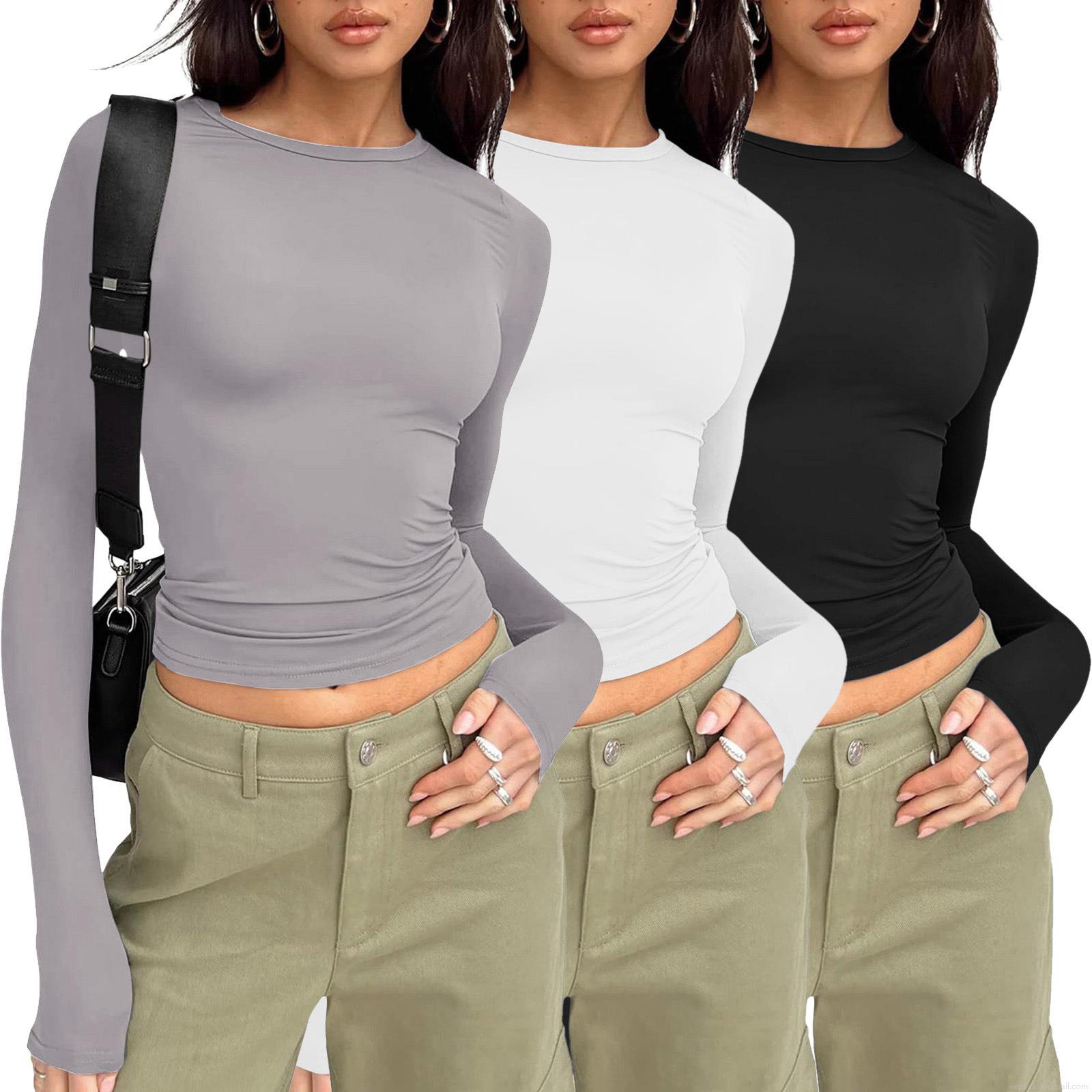 Women's Slim Fit Milk Silk T-Shirt Solid Color Round Neck Long Sleeve Casual Basic Tee Streetwear Pullover Tops for Women