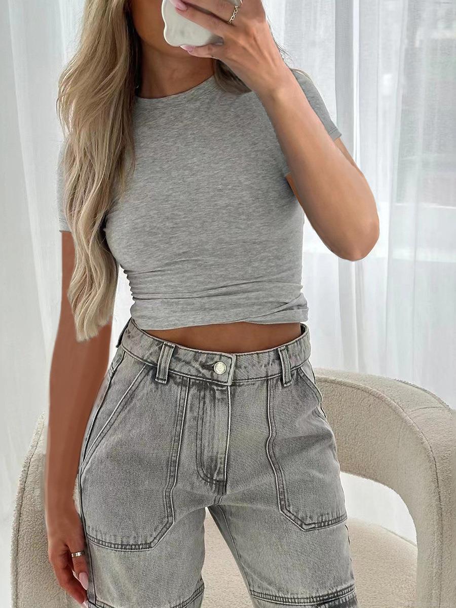 Women's Slim Fit Short Sleeve T-Shirt Viscose Elastane Blend Crew Neck Solid Color Basic Tee Top For Summer Casual Daily Wear