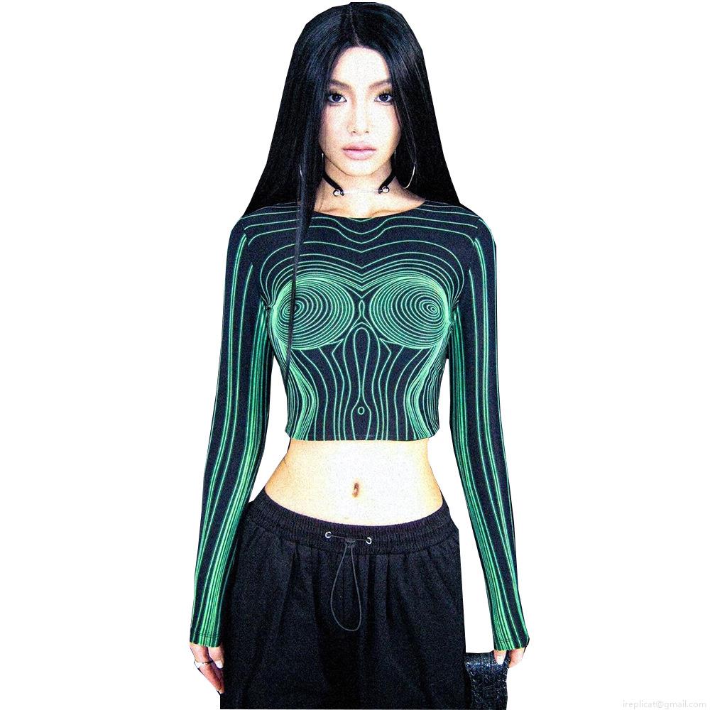 Women's Y2K Optical Illusion Print Crop Top Long Sleeve Short Sleeve Cutout Sexy Slim Fit Polyester T-Shirt Streetwear Tee For Clubwear